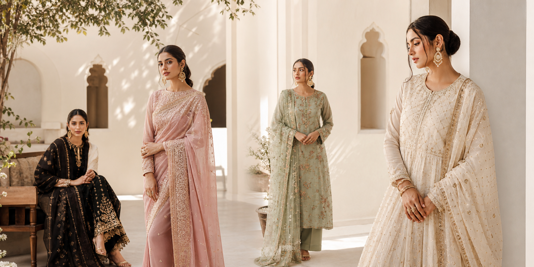 Models wearing elegant South Asian womenswear
